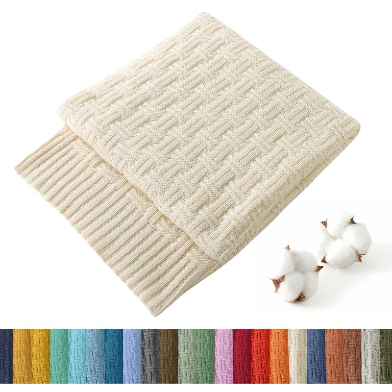 TREELY 100% Cotton Knitted Throw Blanket Couch Cover Blanket(60 x 80 Inches, Ivory White) - Image 1
